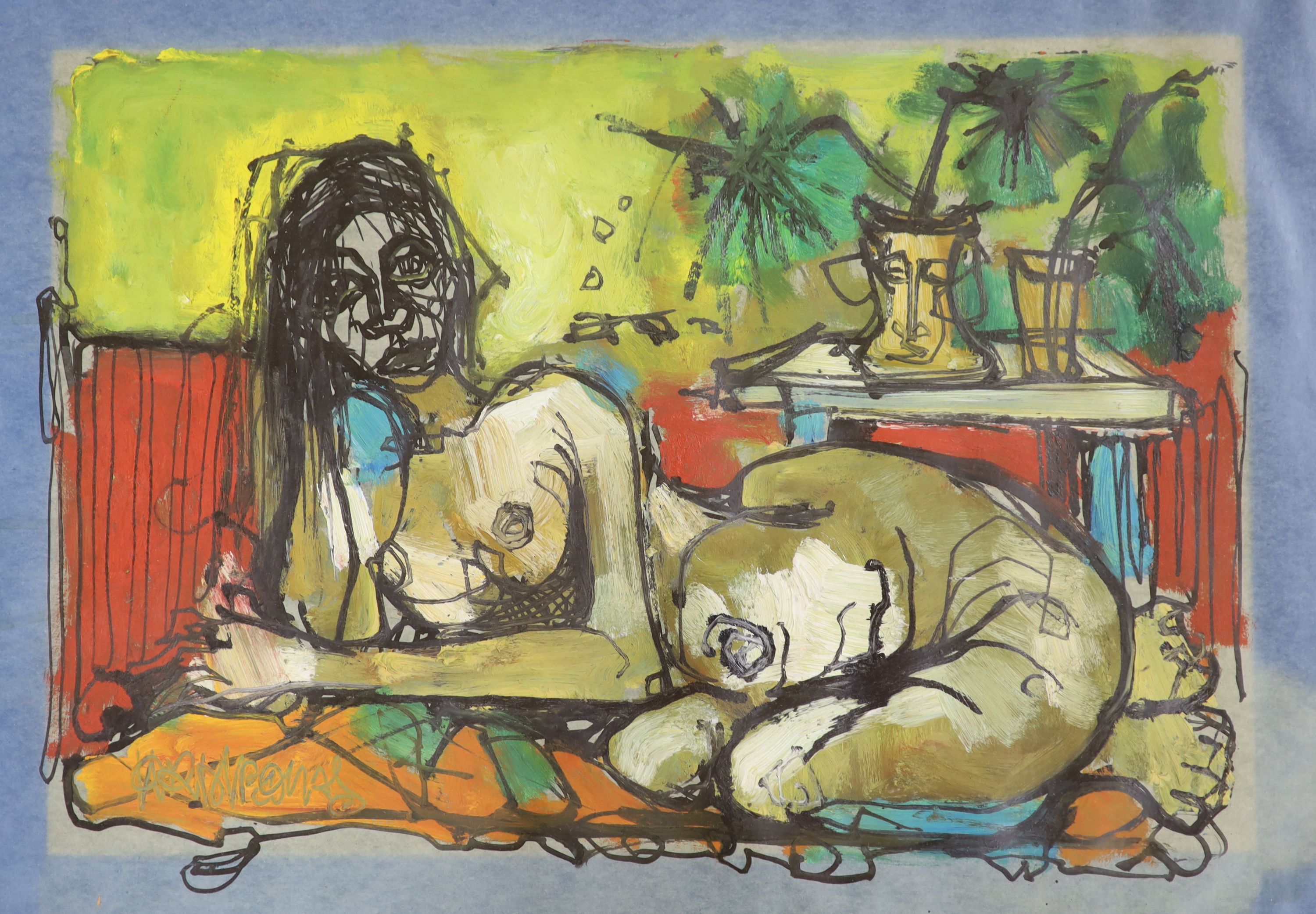 Jordi Bonas (b.1937), oil on paper, Reclining female nude, signed, 45 x 60cm